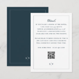 ネイビーブルーの裏面QRコード付きクラシックホワイトの結婚式詳細カード エンクロージャーカード