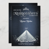 ネイビーブルーの豪華でかわいいスパークルドレス  キンチェア  イン 招待状 (正面/裏面)