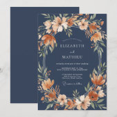 ネイビーブルーの豪華な秋の結婚式 招待状 (正面/裏面)