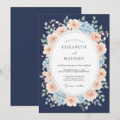 ネイビーブルーの豪華な花の結婚式 招待状 (正面/裏面)