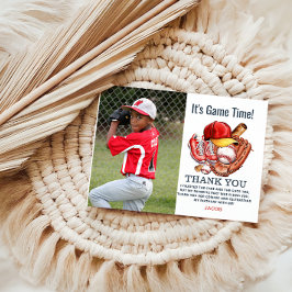 ネイビーブルーの野球の子供の誕生日パーティーの水彩画 サンキューカード