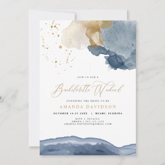 ネイビーブルーの金ゴールドバチェロレッテ週末旅程表 招待状 (正面)