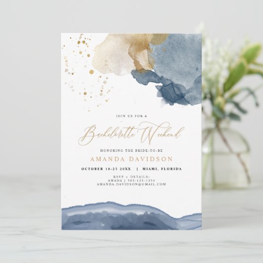 ネイビーブルーの金ゴールドバチェロレッテ週末旅程表 招待状 (スタンド正面)