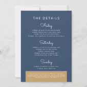 ネイビーブルーの金ゴールドバチェロレッテ週末旅程表 招待状 (裏面)