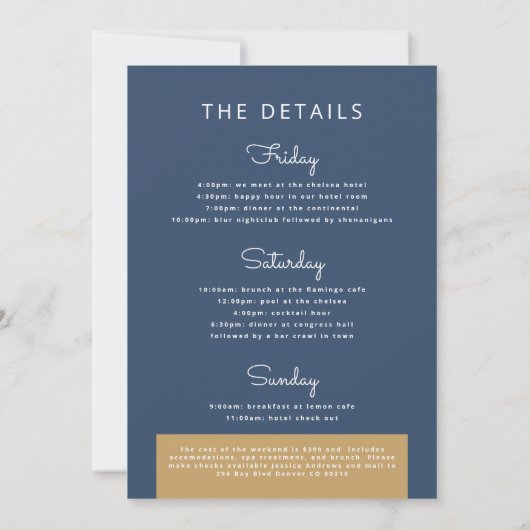 ネイビーブルーの金ゴールドバチェロレッテ週末旅程表 招待状 (裏面)