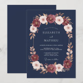 ネイビーブルーの金箔秋婚礼 招待状 (正面/裏面)