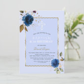 ネイビーブルーの金色の花の男の子1歳誕生日と洗礼 招待状 (スタンド正面)