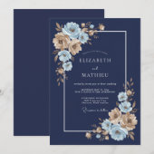 ネイビーブルーの金色フラワーモチーフの結婚式 招待状 (正面/裏面)
