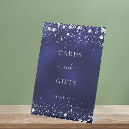 ネイビーブルーの銀の星のカードギフト 台座サイン