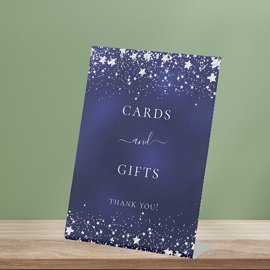 ネイビーブルーの銀の星のカード ギフト 台座サイン
