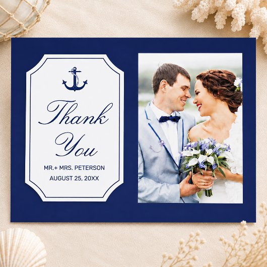 ネイビーブルーの錨の結婚式フォトサンクスカード ポストカード