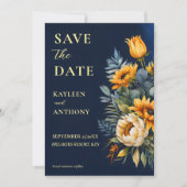 ネイビーブルーの陰気な素朴なヒマワリ結婚の花 セーブザデート (正面)