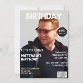 ネイビーブルーの雑誌風写真 63歳の誕生日おもしろデザイン 招待状 (正面)