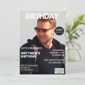 ネイビーブルーの雑誌風写真 63歳の誕生日おもしろデザイン 招待状 (スタンド正面)