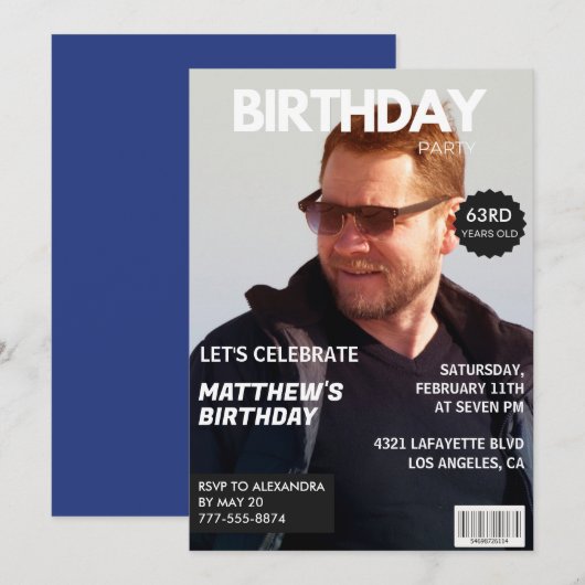 ネイビーブルーの雑誌風写真 63歳の誕生日おもしろデザイン 招待状 (正面/裏面)