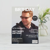 ネイビーブルーの雑誌風 67歳の誕生日おもしろ写真 招待状 (スタンド正面)
