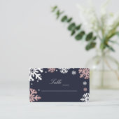 ネイビーブルーの雪の結晶の冬の結婚式 プレイスカード (スタンド正面)