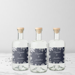ネイビーブルーの雪の結晶の冬の結婚式 リキュールボトルラベル