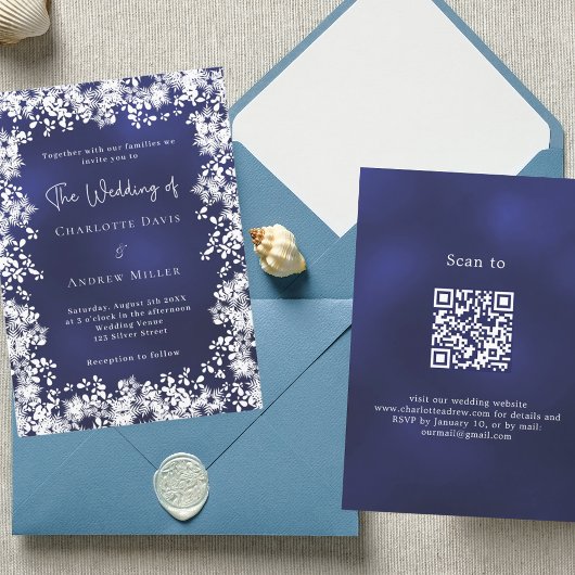 ネイビーブルーの雪の結晶の冬の結婚式QRコードRSVP 招待状