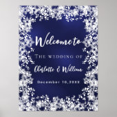 ネイビーブルーの雪の結晶の結婚式ウェルカムボード ポスター (正面)