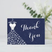 ネイビーブルーの雪の結晶 ウェディングドレスの感謝メッセージカード サンキューカード (スタンド正面)