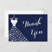ネイビーブルーの雪の結晶 ウェディングドレスの感謝メッセージカード サンキューカード (正面/裏面)