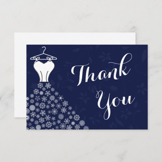 ネイビーブルーの雪の結晶 ウェディングドレスの感謝メッセージカード サンキューカード (正面/裏面)