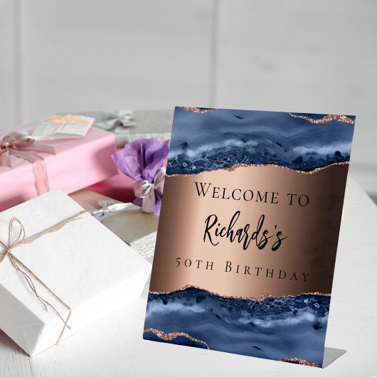 ネイビーブルーの青銅色のアゲート誕生日ウェルカム 台座サイン