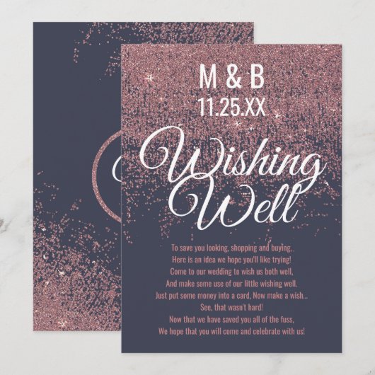 ネイビーブルーの願い事の井戸にローズゴールドのグリッターが輝く 招待状 (正面/裏面)