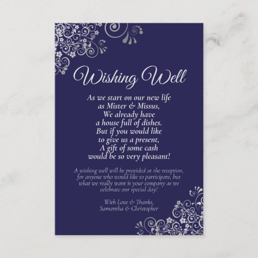 ネイビーブルーの願い結婚井戸の詩の銀レース エンクロージャーカード (正面)