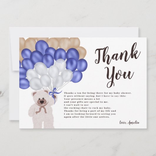 ネイビーブルーの風船 クマの男の子 ベビーシャワーありがとう サンキューカード (正面)