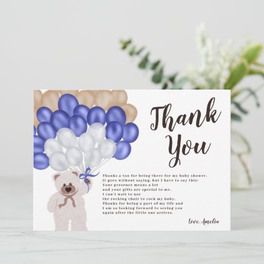 ネイビーブルーの風船 クマの男の子 ベビーシャワーありがとう サンキューカード (スタンド正面)