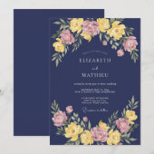 ネイビーブルーの鮮やかな花のロマンチックな結婚式 招待状 (正面/裏面)