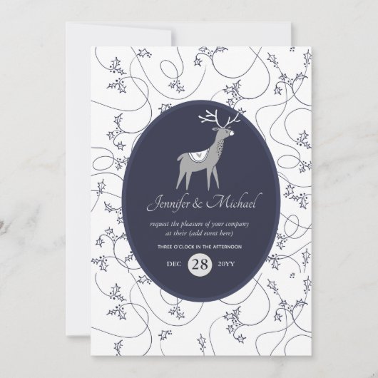 ネイビーブルーの鹿の民俗芸術クリスマス どんなイベントでもパーティー 招待状 (正面)