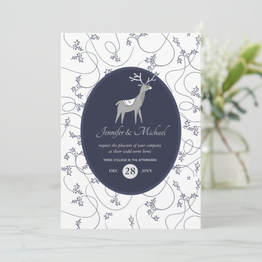 ネイビーブルーの鹿の民俗芸術クリスマス どんなイベントでもパーティー 招待状 (スタンド正面)