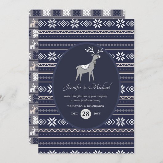 ネイビーブルーの鹿の民俗芸術クリスマス どんなイベントでも 招待状 (正面/裏面)