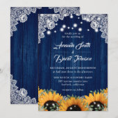 ネイビーブルーの麻のレースのひまわりウェディング招待状 招待状 (正面/裏面)