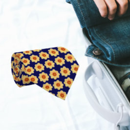 ネイビーブルーの黄色のダリア花柄 ネクタイ