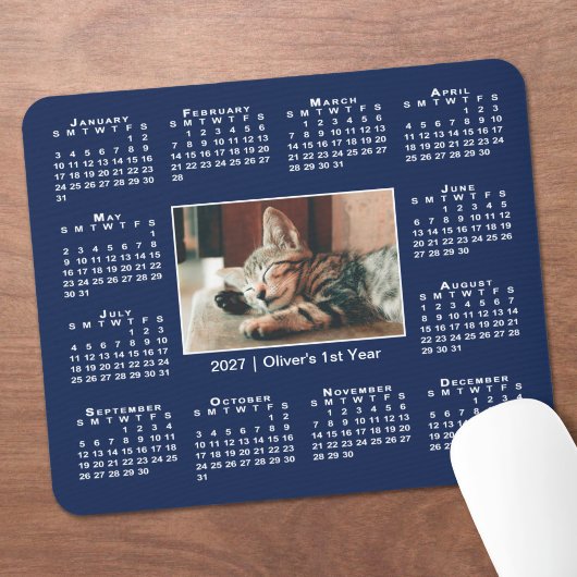ネイビーブルーの2027年カレンダーにあなたの写真と名前 マウスパッド