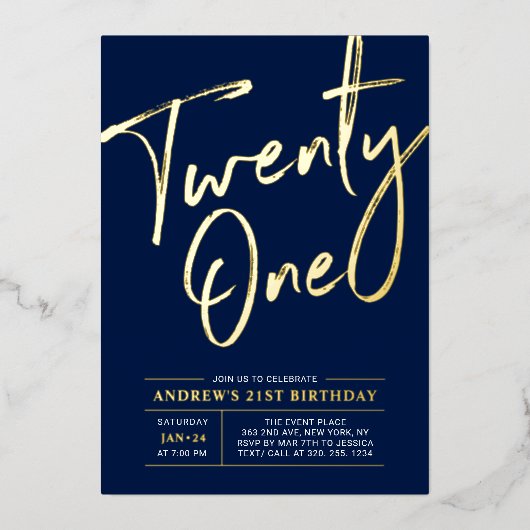 ネイビーブルーの21歳誕生日パーティー「Twenty One Lettering」 箔招待状 (正面)