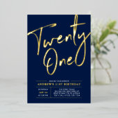 ネイビーブルーの21歳誕生日パーティー「Twenty One Lettering」 箔招待状 (立ち正面)