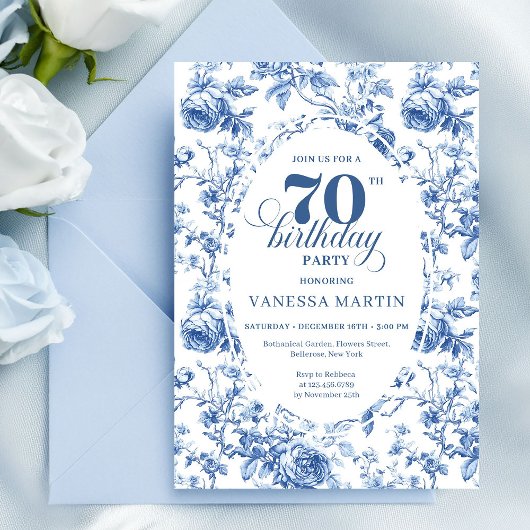 ネイビーブルーの70歳の誕生日クラシックフラワー招待状 招待状