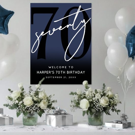 ネイビーブルーの70歳の誕生日パーティーウェルカムサイン ポスター