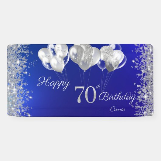 ネイビーブルーの70歳の誕生日 グリッター コンフェティ バルーン 横断幕 (横)