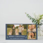 ネイビーブルーの merry christmas 3 枚の写真の植物デザインカード シーズンカード (スタンド正面)