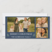 ネイビーブルーの merry christmas 3 枚の写真の植物デザインカード シーズンカード (正面)