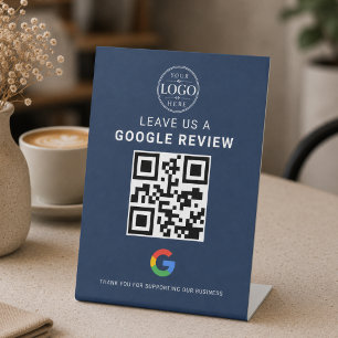 ネイビーブルーのGoogleレビューQRディスプレイ 台座サイン