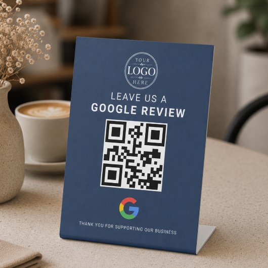 ネイビーブルーのGoogleレビューQRディスプレイ 台座サイン