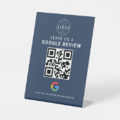 ネイビーブルーのGoogleレビューQRディスプレイ 台座サイン (正面)
