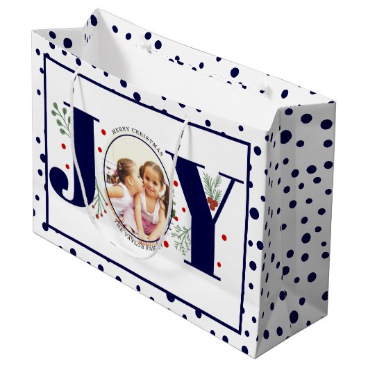 ネイビーブルーのJOYと水玉模様を追加 ラージペーパーバッグ (正面アングル)